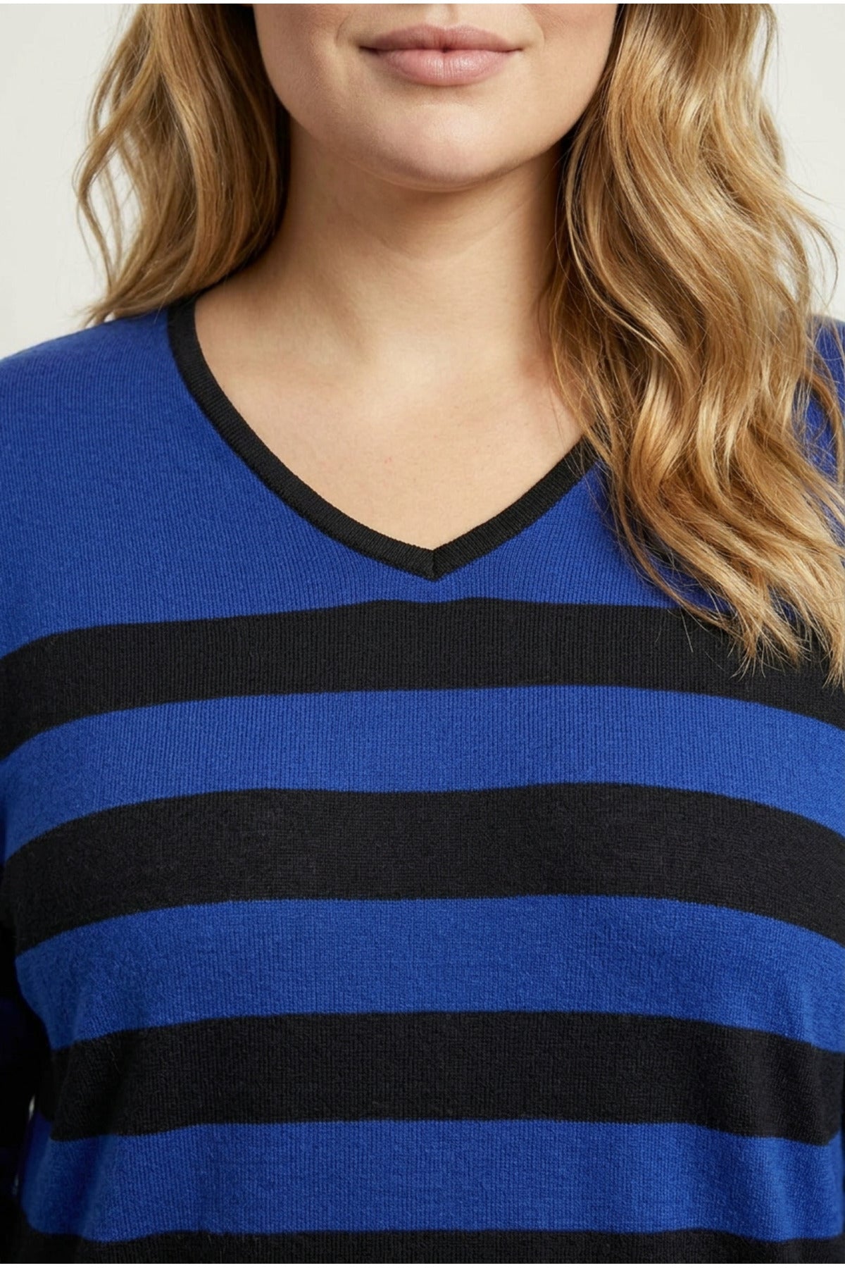 Plus Size V-Neck Striped Slit Detail Thin Fabric Long Blouse