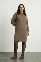 Plus Size Coffee Plush Dress with Zipper-Detailed Collar