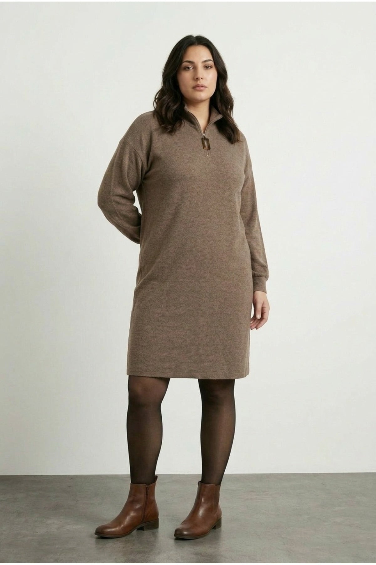 Plus Size Coffee Plush Dress with Zipper-Detailed Collar