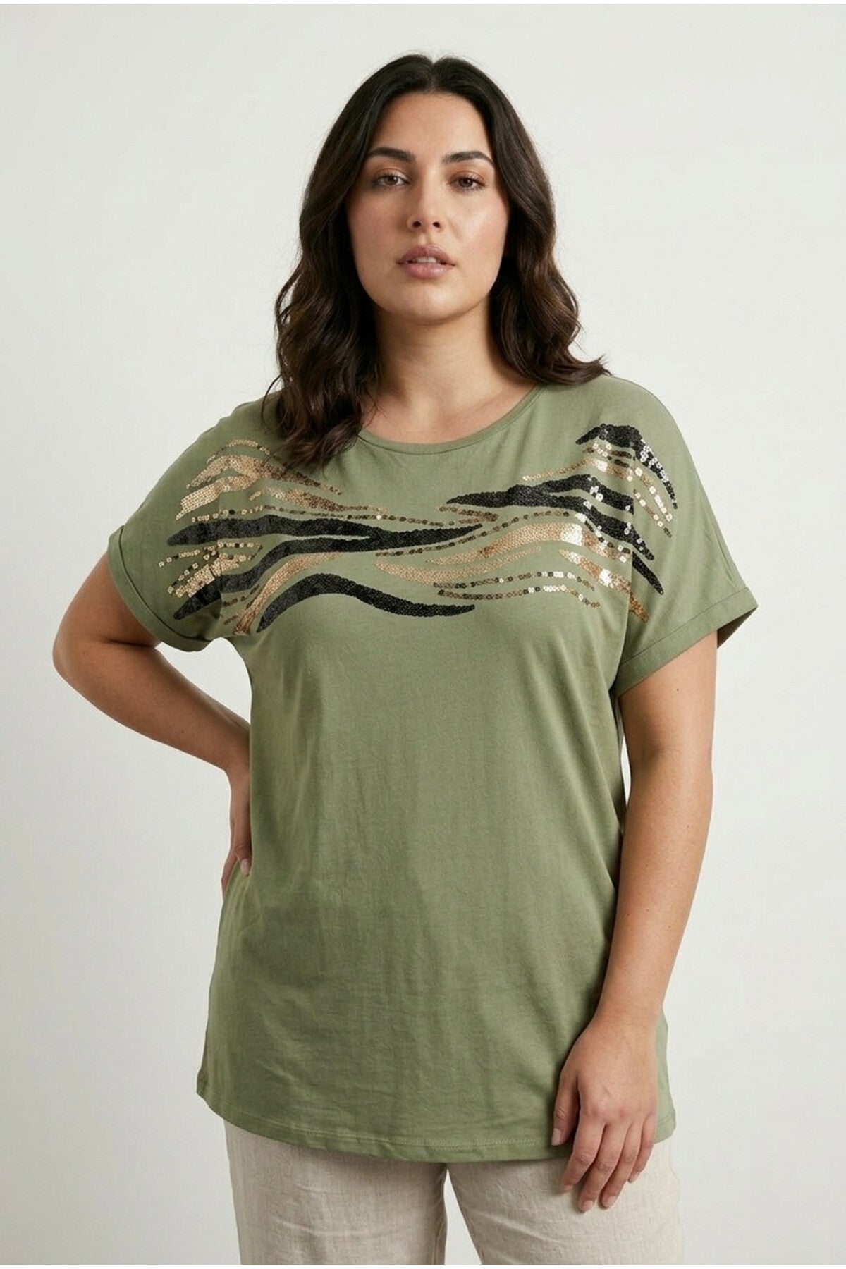 Plus Size Crew Neck Short Sleeve Sequined Glitter Print T-shirt