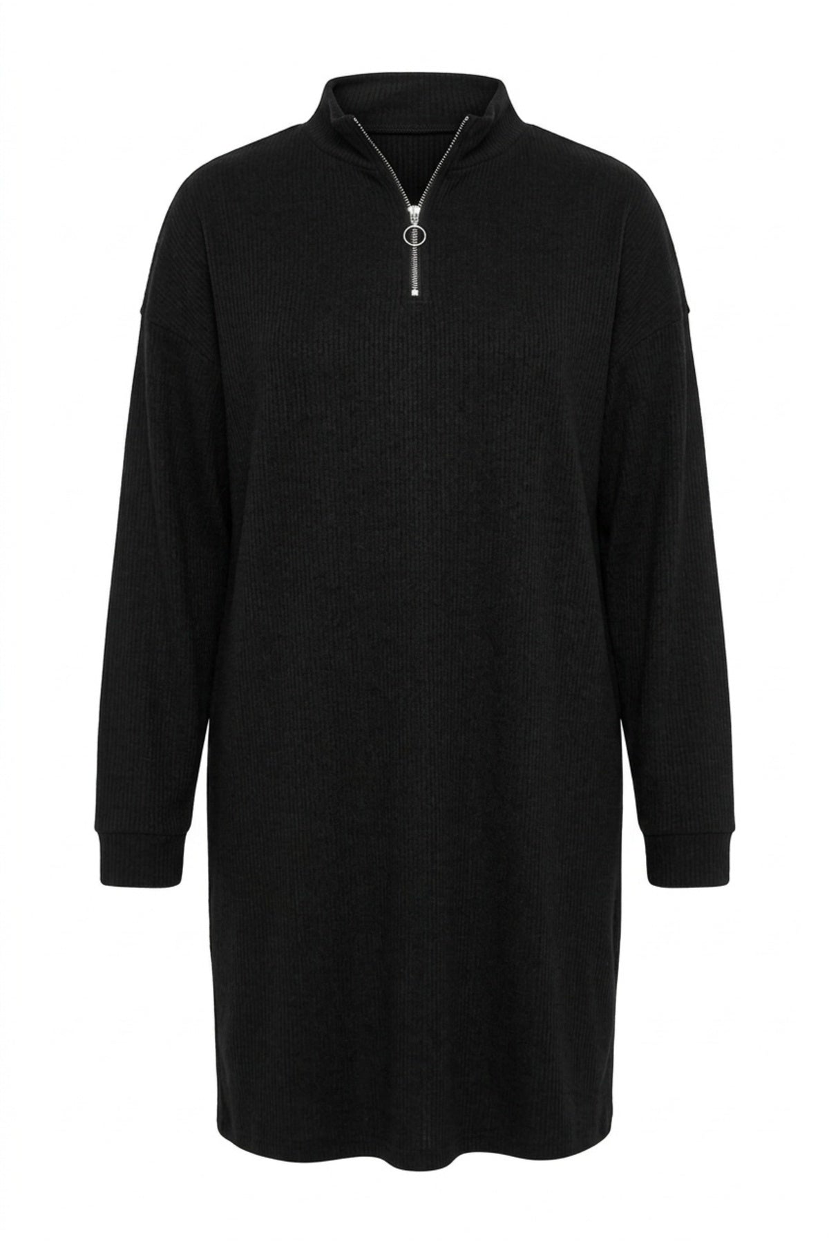 Plus Size V-Neck Long Sleeve Ribbed Fabric Midi Dress