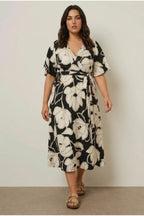 Plus Size V-Neck Short Sleeve Tie Front Wrap Midi Dress