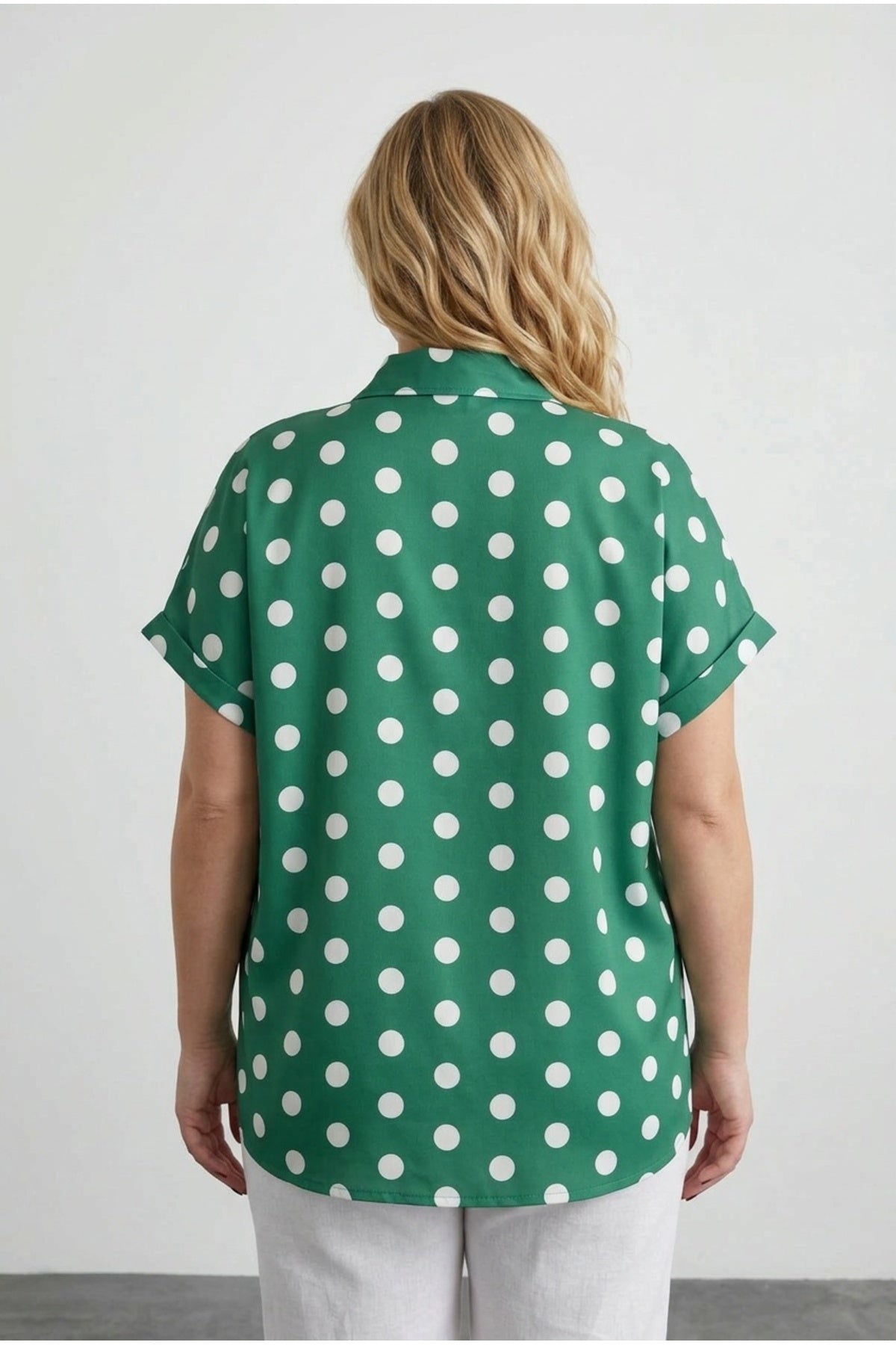 Plus Size Button-Front Short Sleeve Polka Dot Patterned Shirt