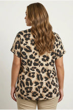Plus Size Crew Neck Short Sleeve Eyelet Detailed Leopard Print Blouse