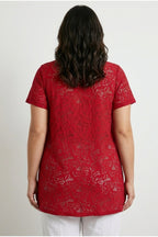 Plus Size V-Neck Short Sleeve Lace Pattern Unlined T-shirt