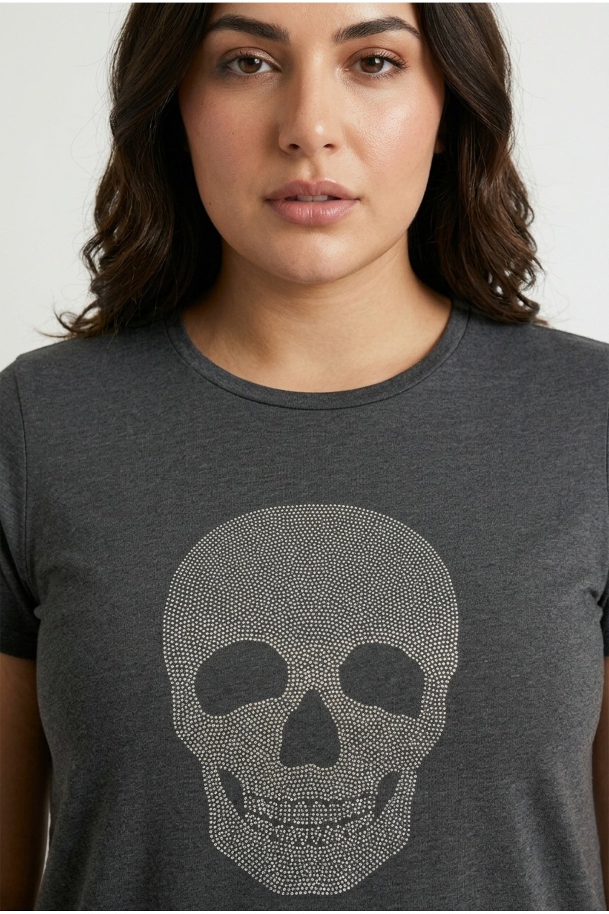 Plus Size Crew Neck Short Sleeve Skull Print Rhinestone T-shirt