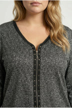 Plus Size V-Neck Front Zippered Blouse with Slit Detail