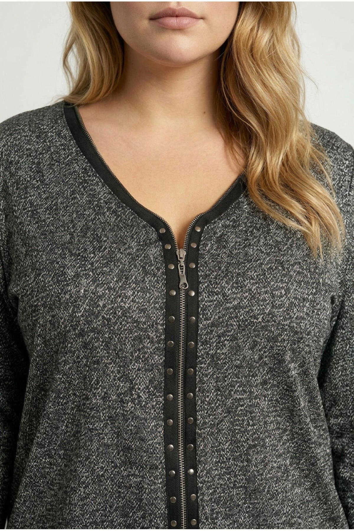 Plus Size V-Neck Front Zippered Blouse with Slit Detail
