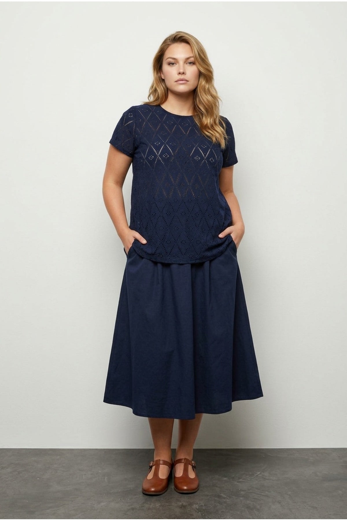 Plus Size Crew Neck Short Sleeve Lace Detail Unlined Blouse