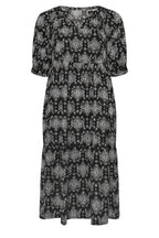 Plus Size V-Neck Short Sleeve Midi Cut Patterned Dress