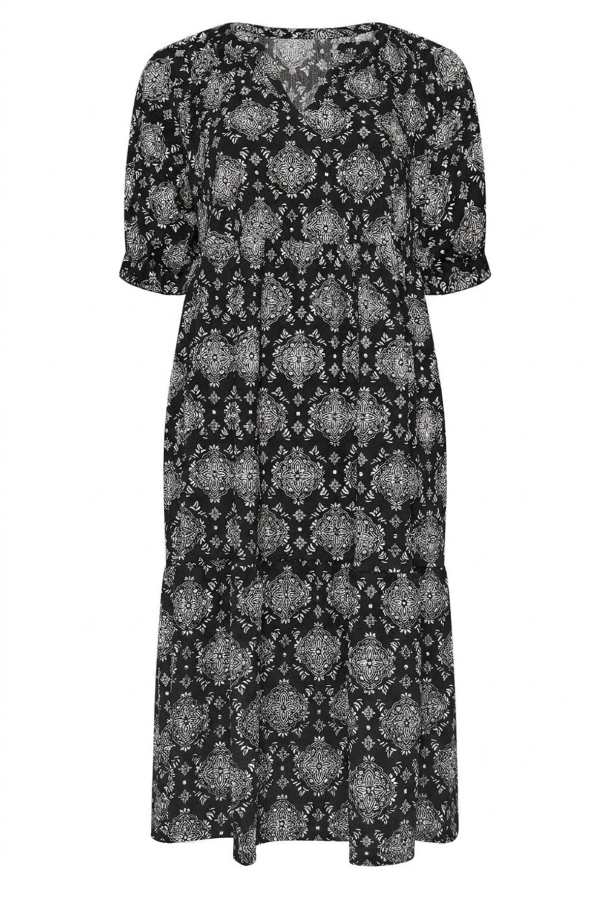 Plus Size V-Neck Short Sleeve Midi Cut Patterned Dress