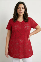 Plus Size V-Neck Short Sleeve Lace Pattern Unlined T-shirt