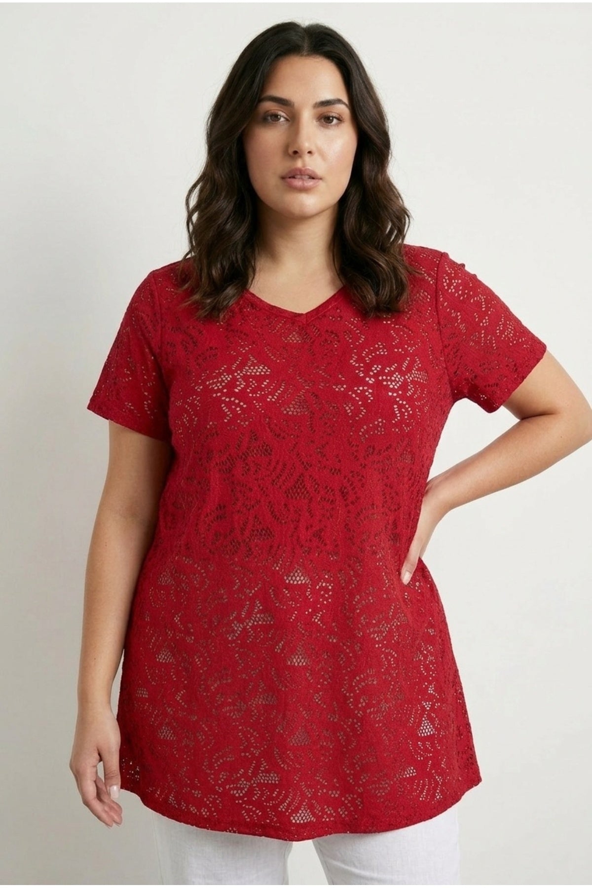 Plus Size V-Neck Short Sleeve Lace Pattern Unlined T-shirt