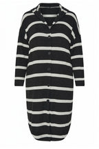 Plus Size Striped Stretchy Fabric Button-Front Pocketed Long Cardigan