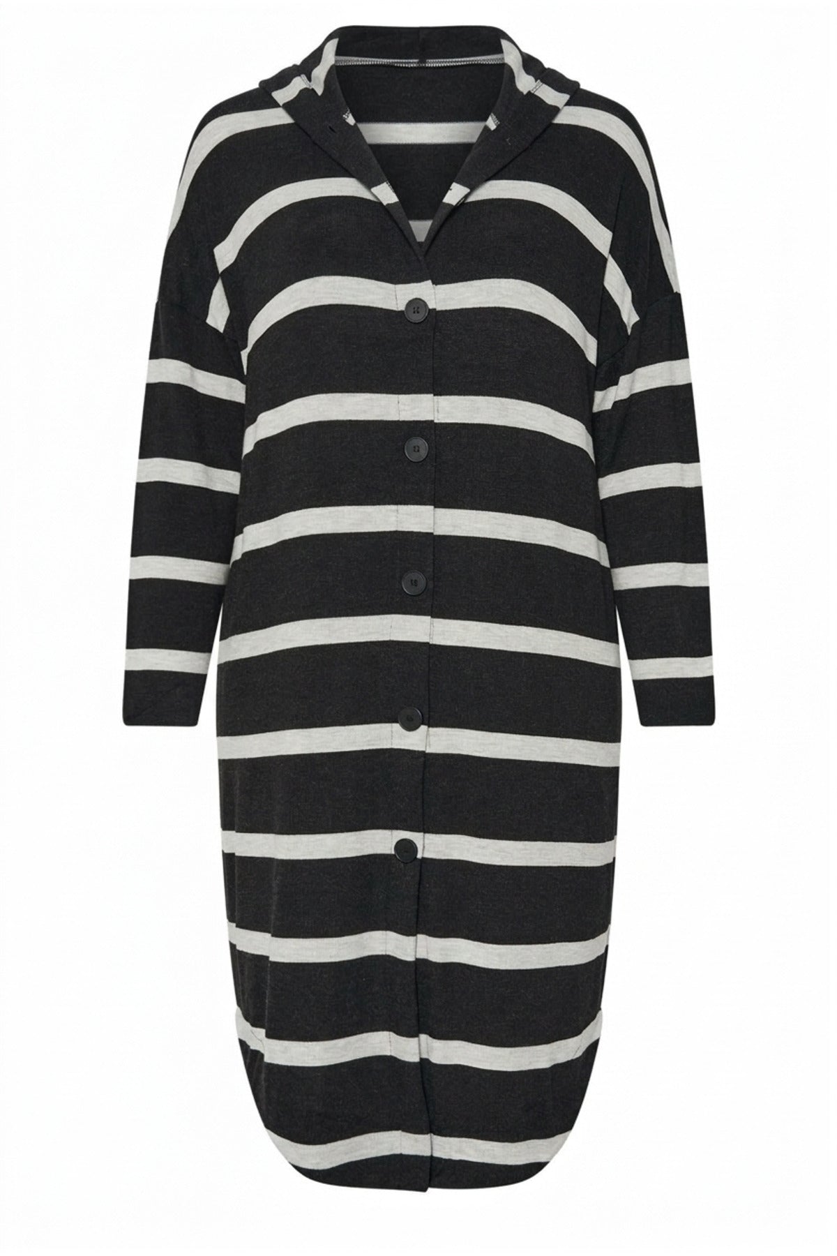 Plus Size Striped Stretchy Fabric Button-Front Pocketed Long Cardigan