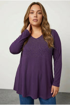 Plus Size V-Neck Long Sleeve Front Stone Embellished Blouse