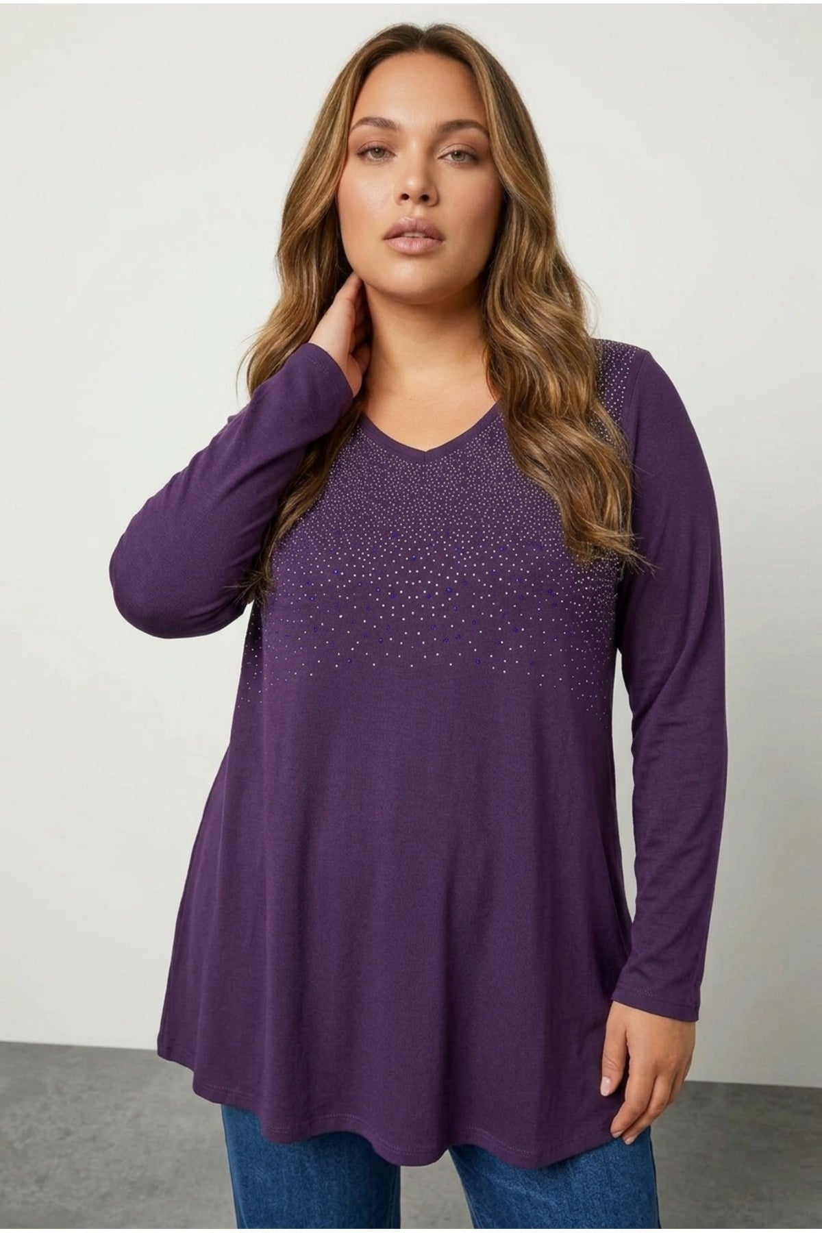 Plus Size V-Neck Long Sleeve Front Stone Embellished Blouse