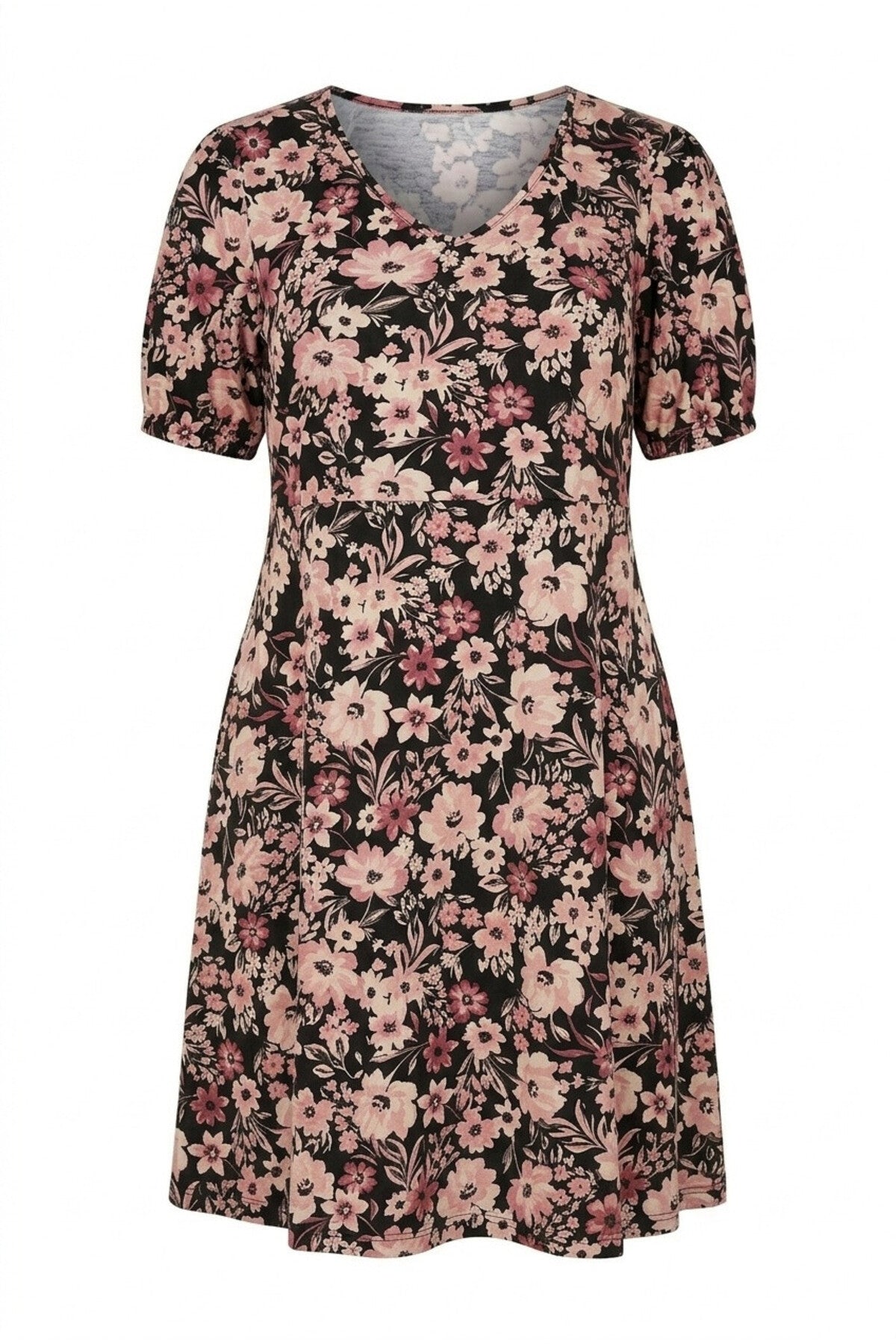 Plus Size V-Neck Short Sleeve Floral Print Mini Dress