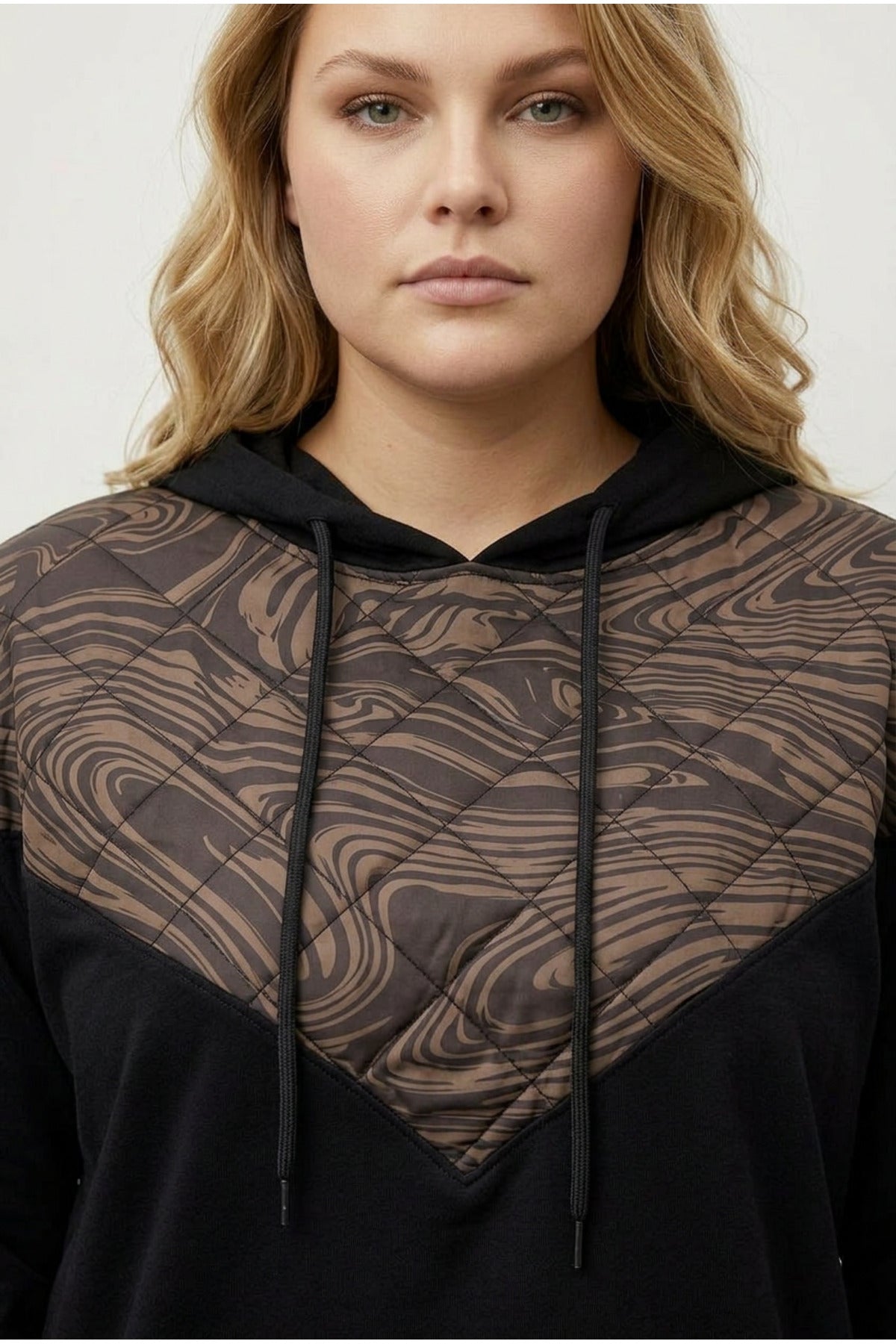 Plus Size Long Sleeve Hooded Sweatshirt with Quilted Detail