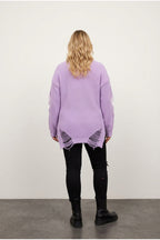 Plus Size Long Sleeve Crew Neck Ripped Detail Knit Sweater