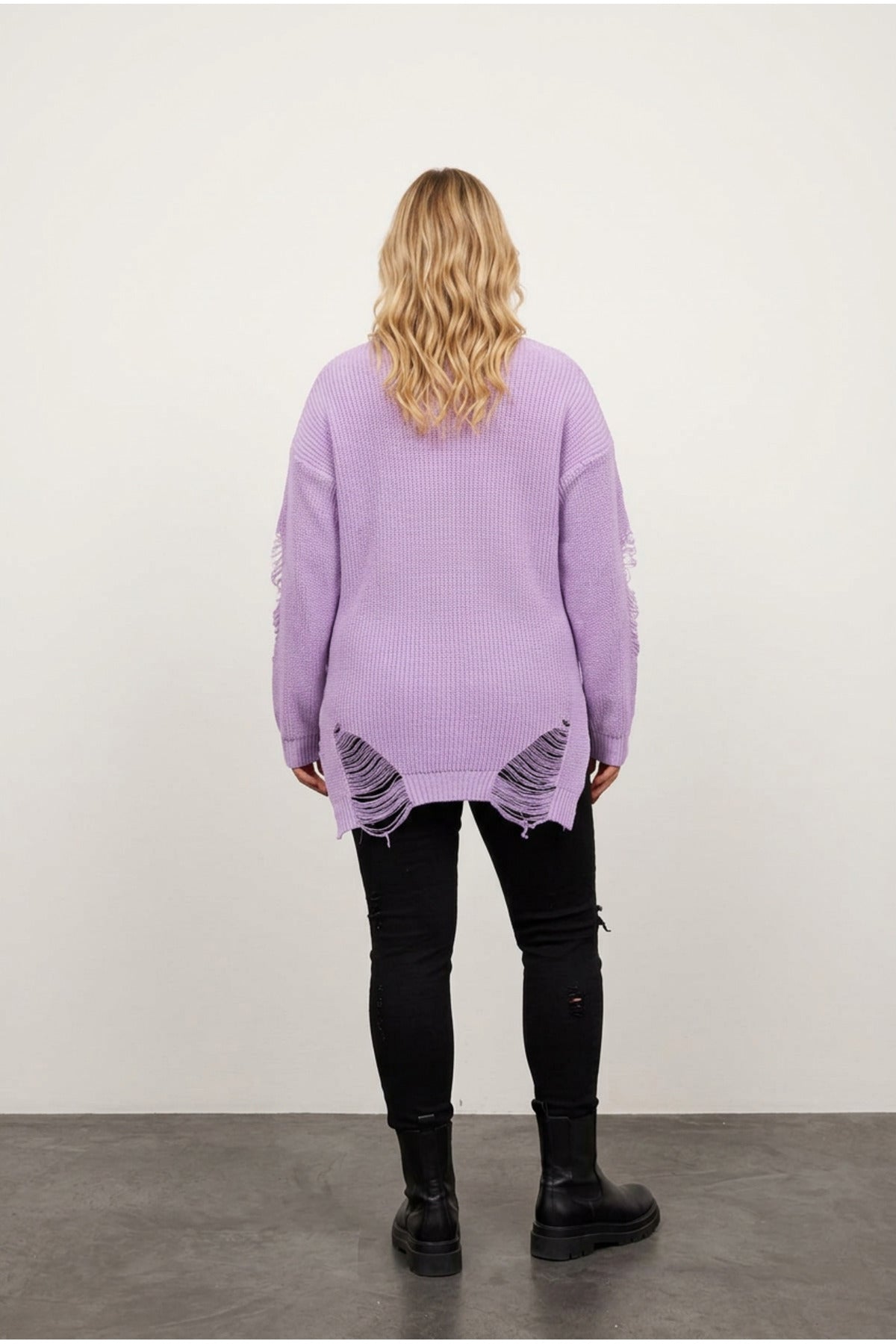 Plus Size Long Sleeve Crew Neck Ripped Detail Knit Sweater