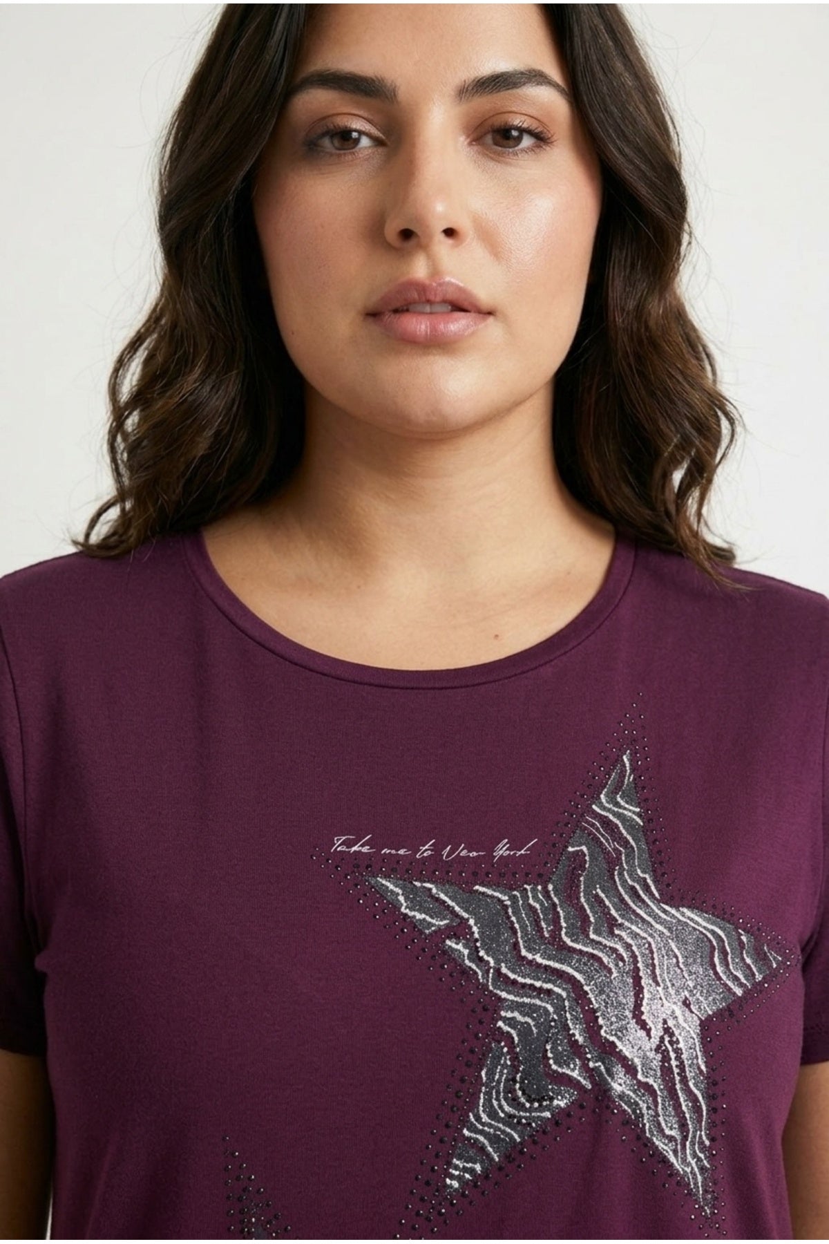 Plus Size Crew Neck Short Sleeve Shiny Printed Rhinestone Embellished T-shirt