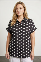 Plus Size Button-Front Short Sleeve Polka Dot Patterned Shirt