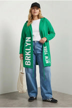 Plus Size Hooded Long Sleeve Text Print Pocketless Cardigan