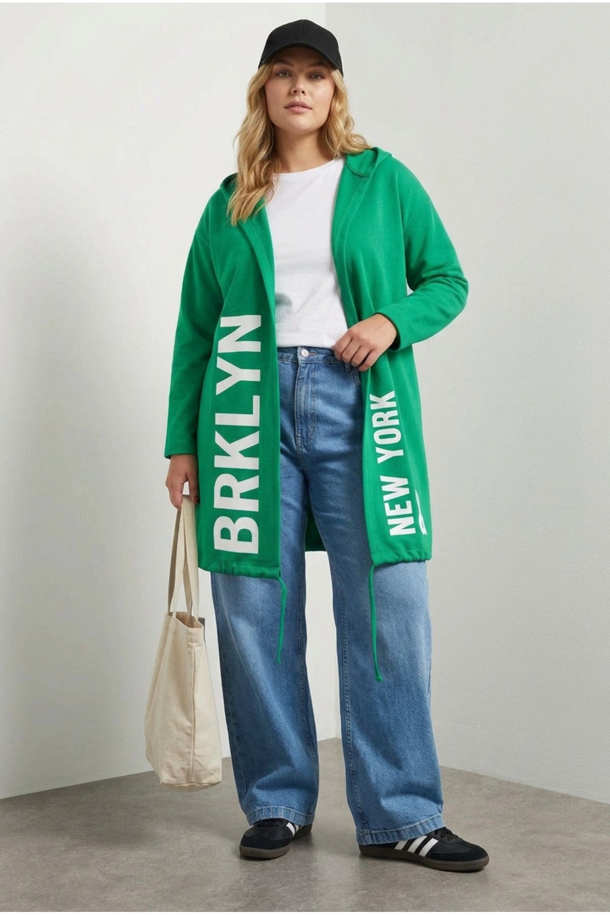Plus Size Hooded Long Sleeve Text Print Pocketless Cardigan