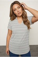 Plus Size Short Sleeve V-Neck Striped Blouse