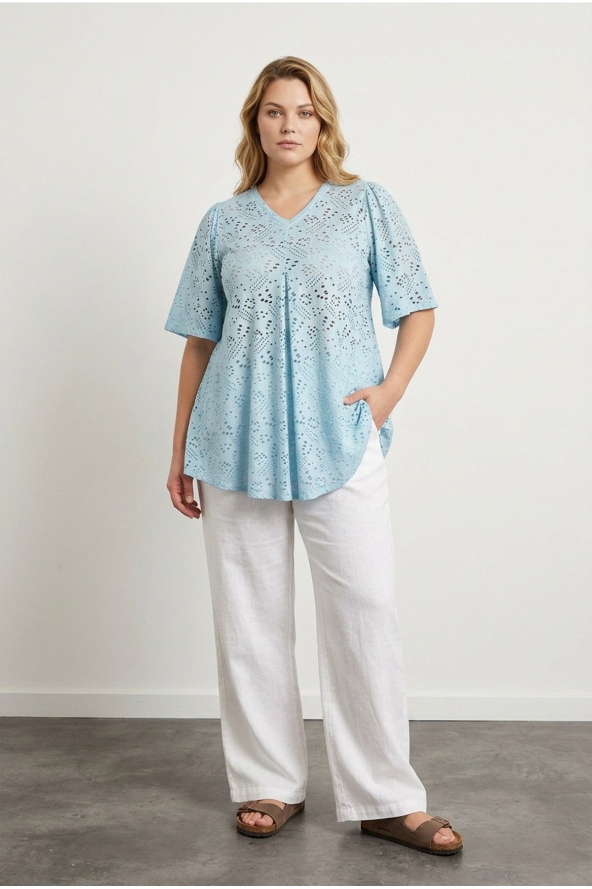 Plus Size V-Neck Short Sleeve Lace Detailed Unlined Blouse