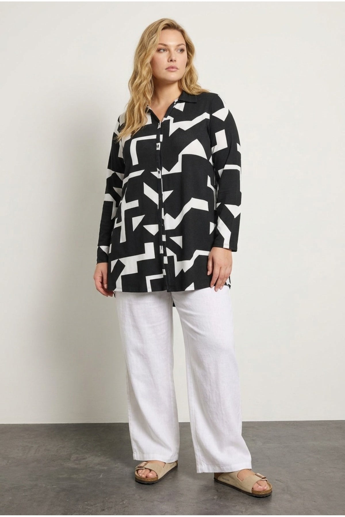 Plus Size Long Sleeve Abstract Patterned Long Shirt