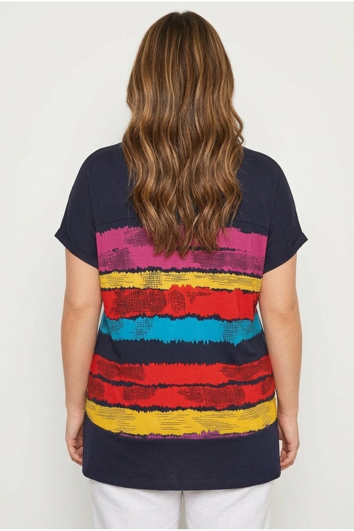 Plus Size V-Neck Short Sleeve Striped T-shirt