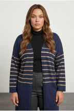 Plus Size Buttonless Long Sleeve Metallic Striped Cardigan