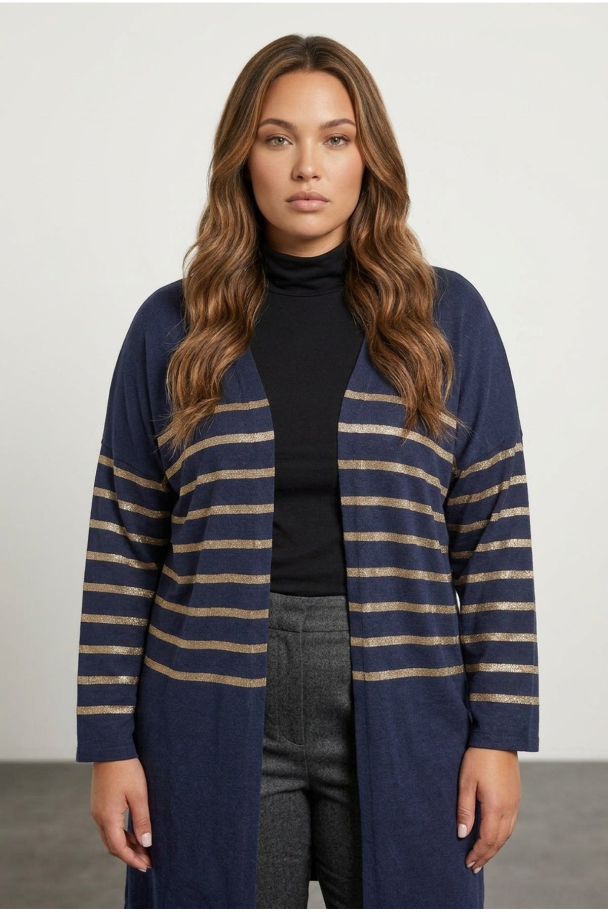 Plus Size Buttonless Long Sleeve Metallic Striped Cardigan