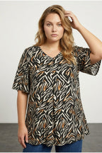 Plus Size V-Neck Pleated Front Short Sleeve Patterned Blouse