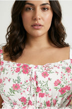 Plus Size Square Neck Strappy Floral Patterned T-shirt with String Detail