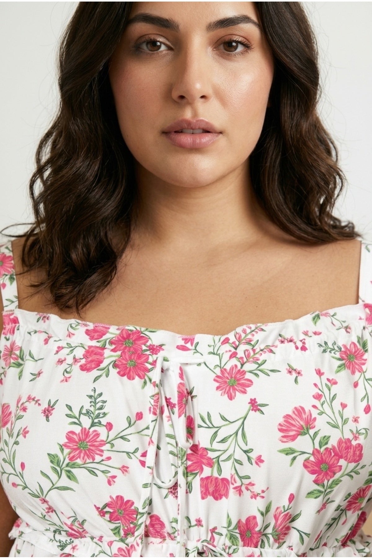 Plus Size Square Neck Strappy Floral Patterned T-shirt with String Detail