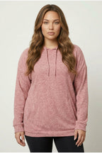 Plus Size Long Sleeve Hooded Fine Knit Sweatshirt with Side Pockets