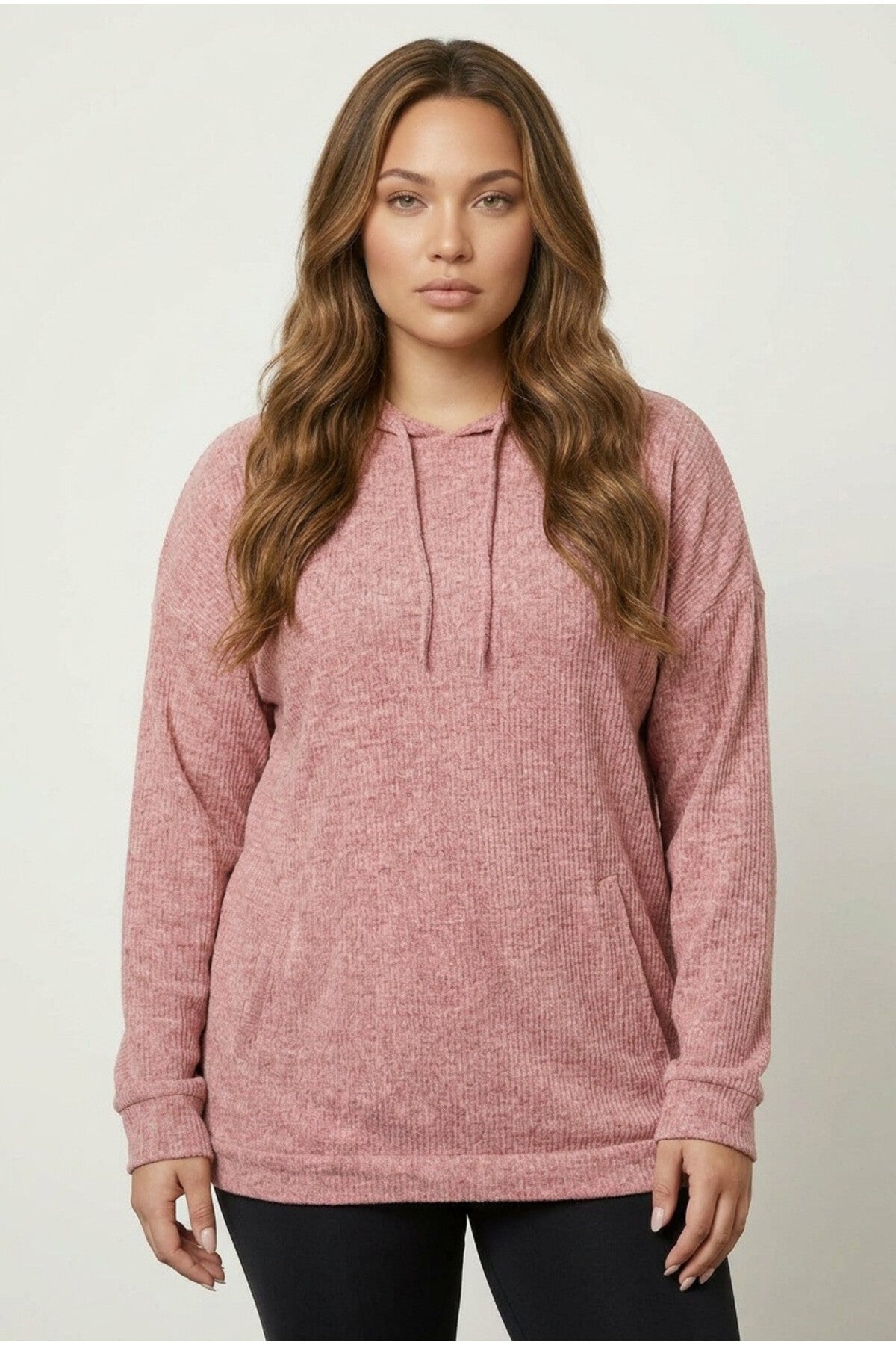 Plus Size Long Sleeve Hooded Fine Knit Sweatshirt with Side Pockets