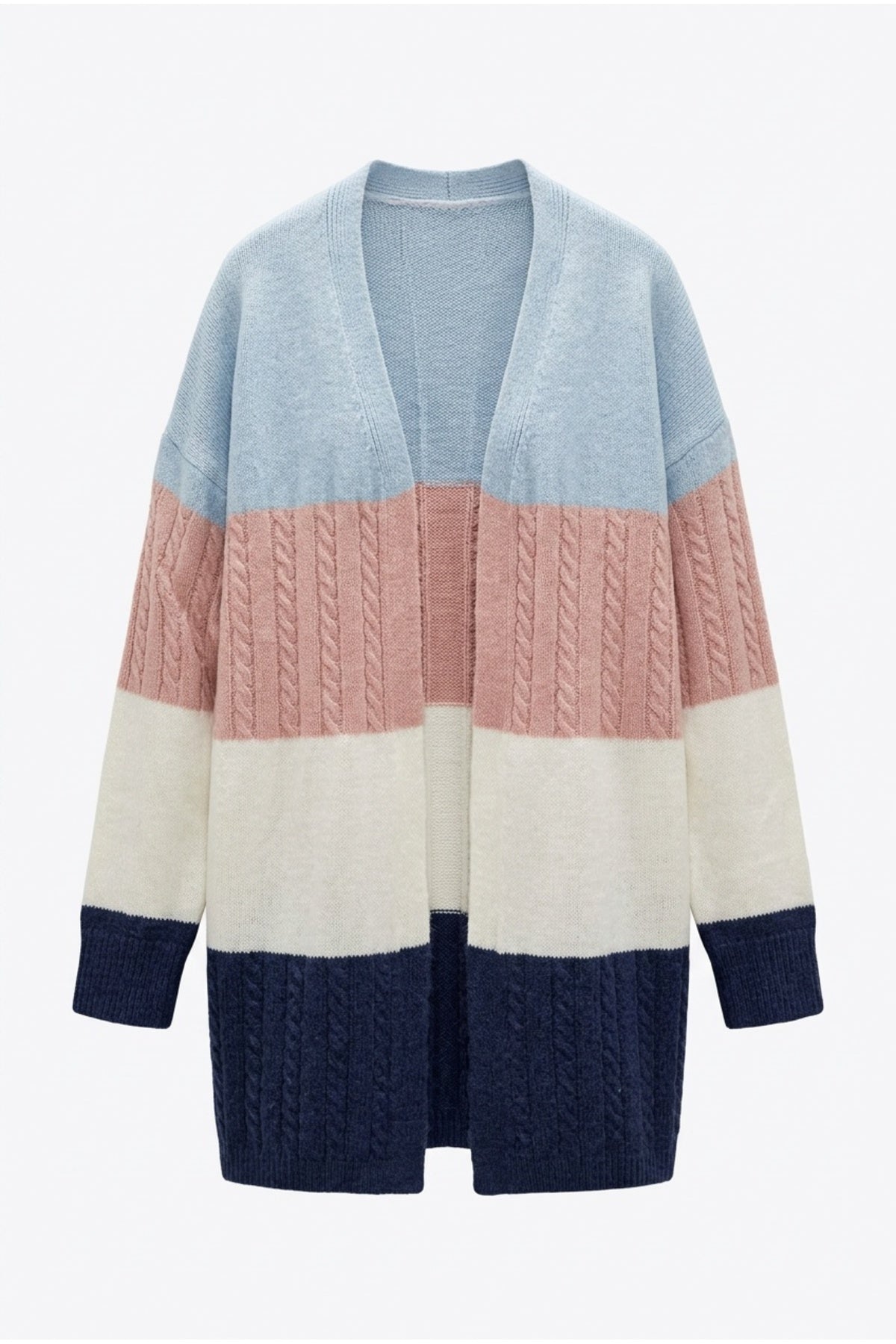 Plus Size Long Sleeve Open Front Color Block Knit Cardigan