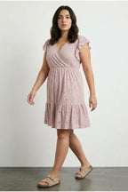 Plus Size V-Neck Short Sleeve Lace Detailed Ruffled Sleeve Lined Mini Dress
