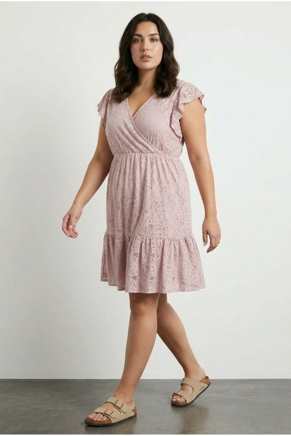 Plus Size V-Neck Short Sleeve Lace Detailed Ruffled Sleeve Lined Mini Dress
