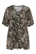 Plus Size V-Neck Front Pleated Short Sleeve Patterned Blouse