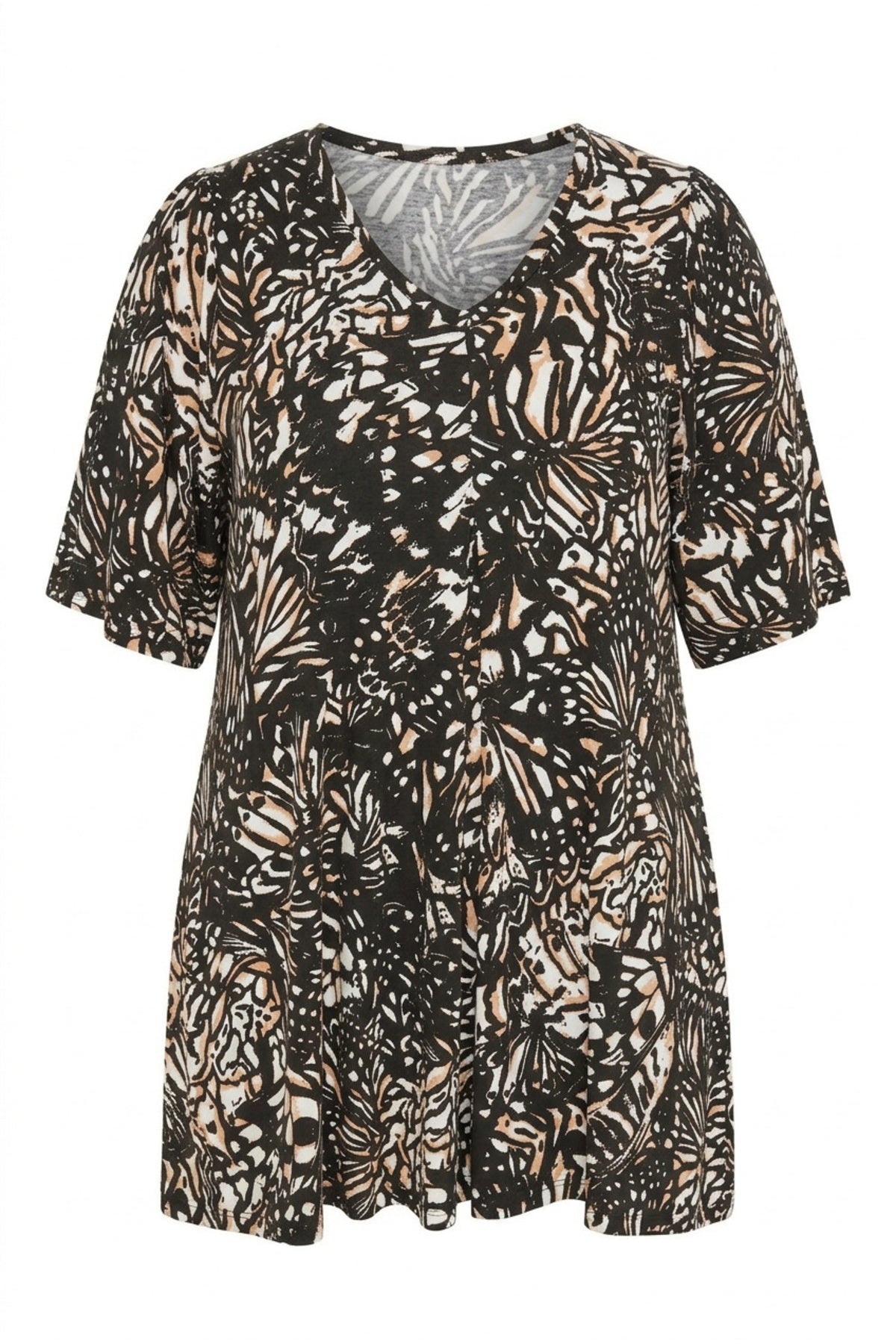 Plus Size V-Neck Front Pleated Short Sleeve Patterned Blouse