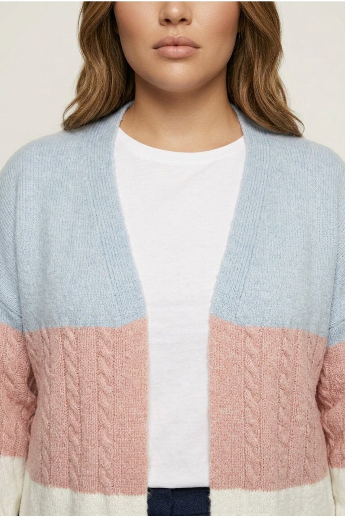 Plus Size Long Sleeve Open Front Color Block Knit Cardigan