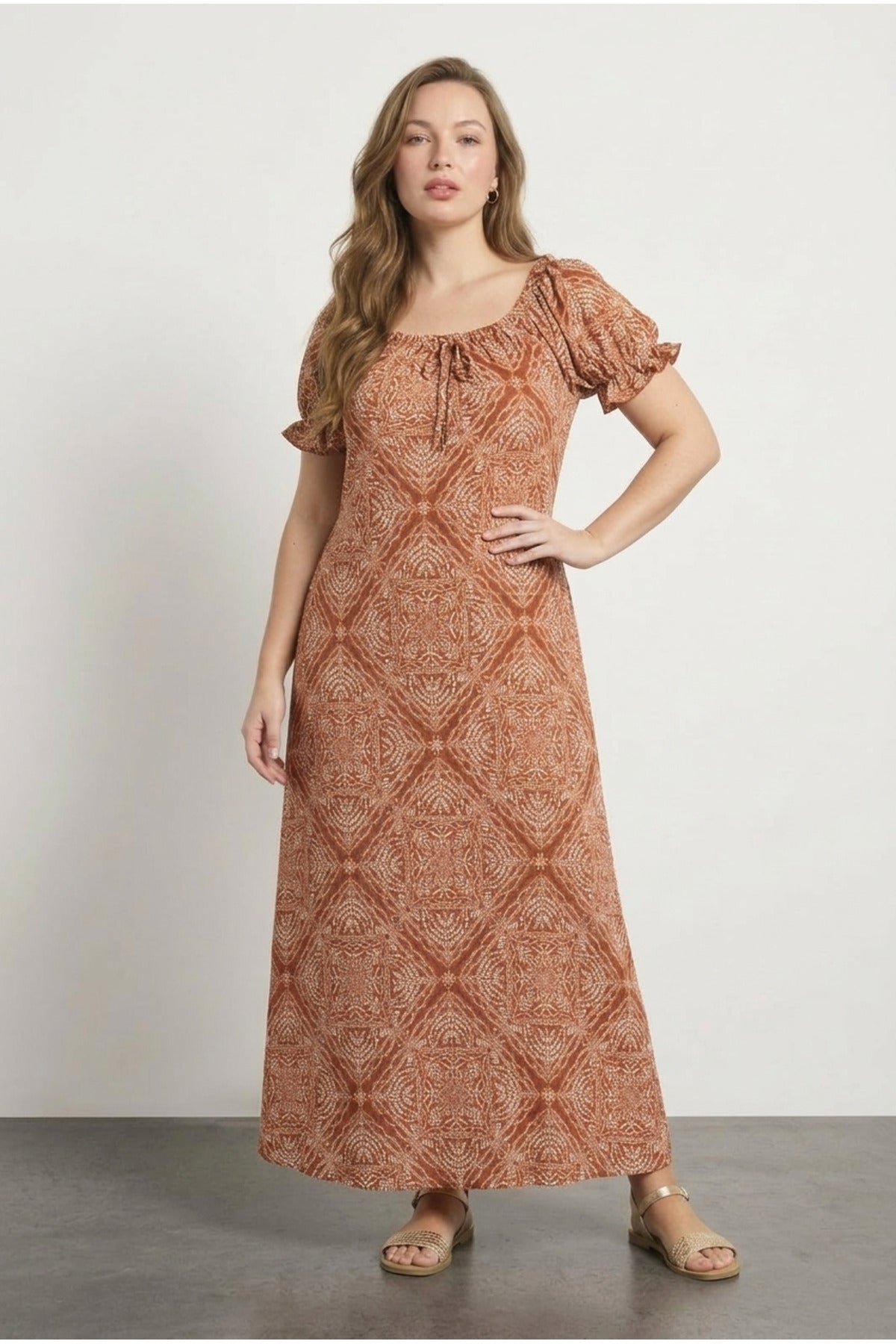 Plus Size Square Neck Long Dress with Ruffled Sleeves, Tie Detail, and Stretchy Fabric