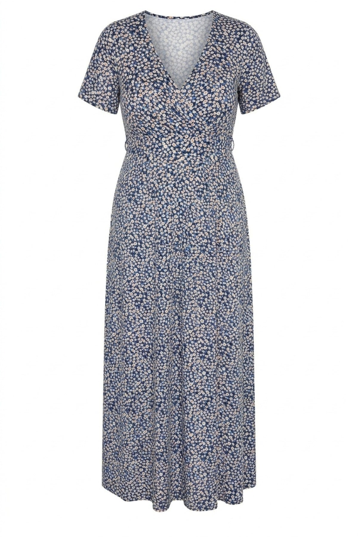 Plus Size V-Neck Patterned Belted Short Sleeve Wrap Dress