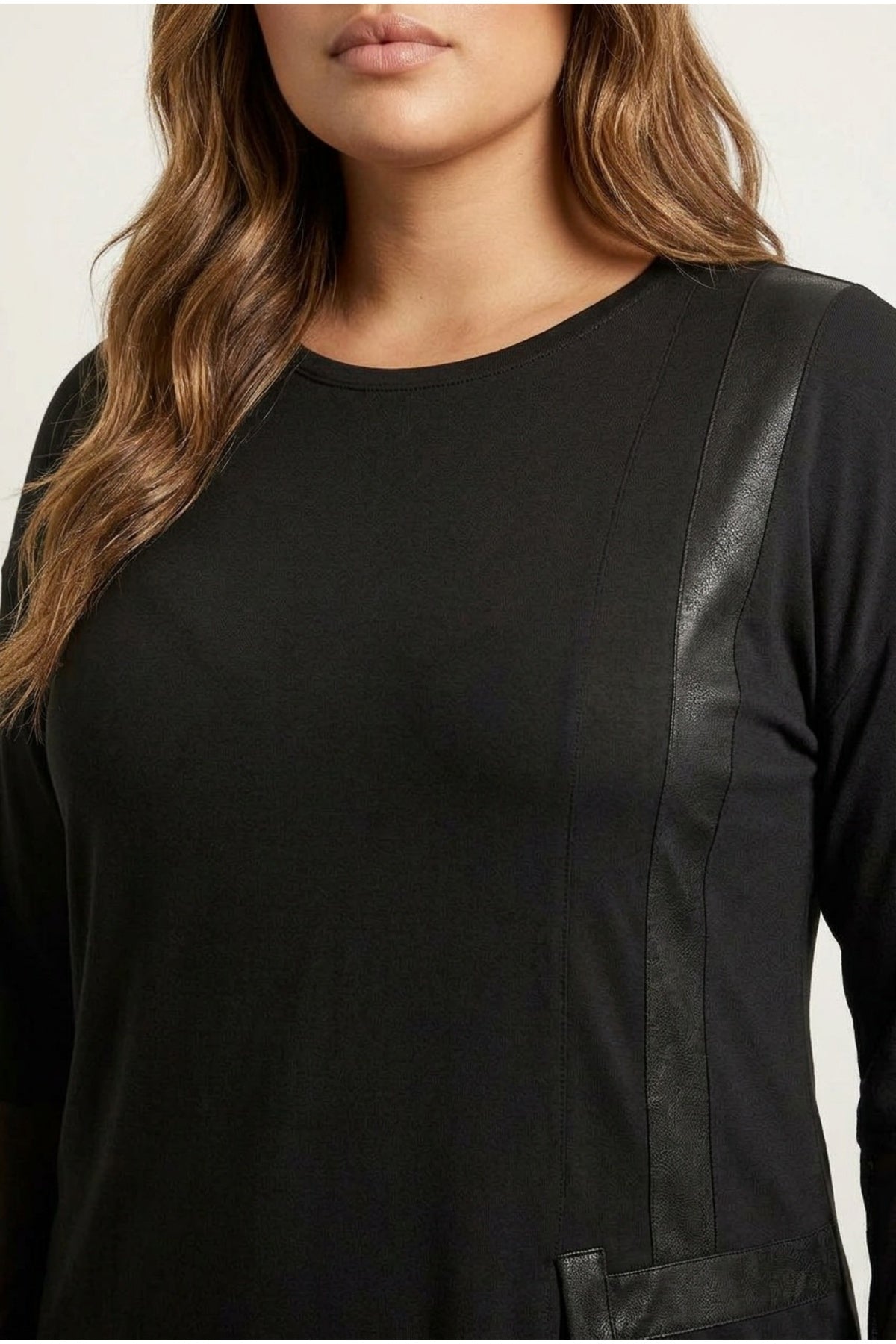 Plus Size Faux Leather Detailed Mesh Sleeve Slit Blouse