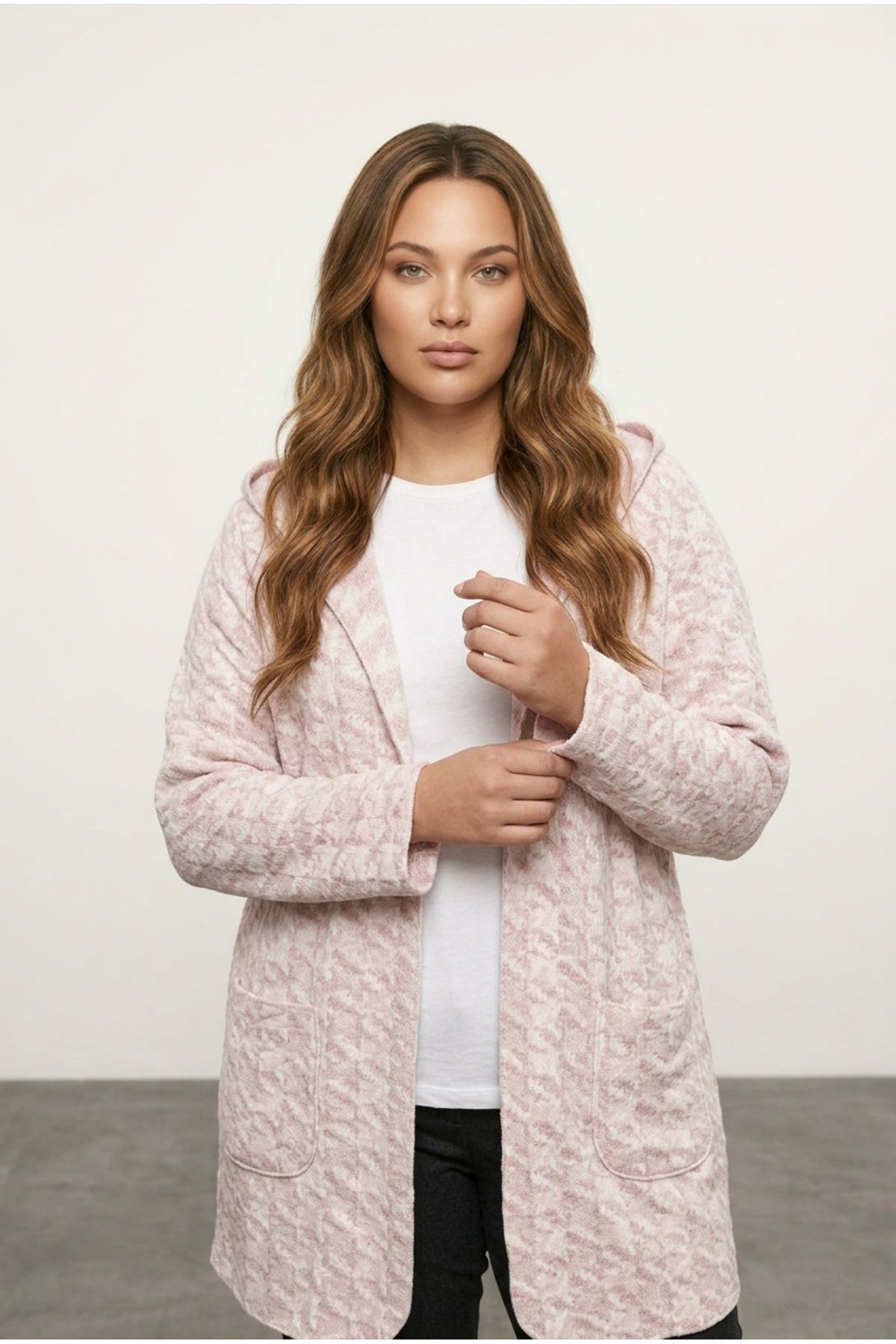 Plus Size Long Sleeve Hooded Pocketed Open Front Lightweight Cardigan